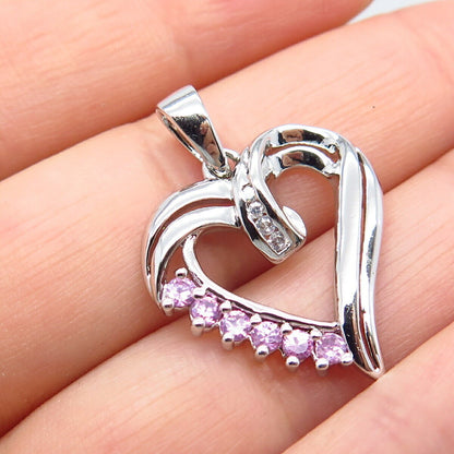 925 Sterling Silver White & Pink C Z Open Heart Pendant