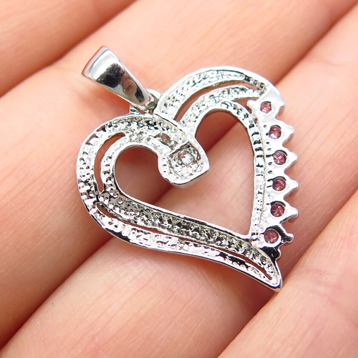 925 Sterling Silver White & Pink C Z Open Heart Pendant