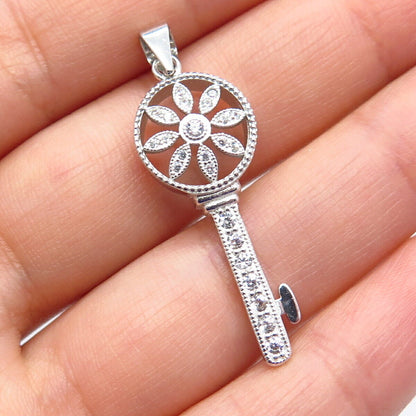 925 Sterling Silver Pave C Z Ornate Key Pendant