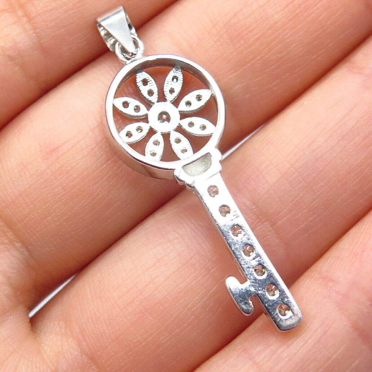 925 Sterling Silver Pave C Z Ornate Key Pendant