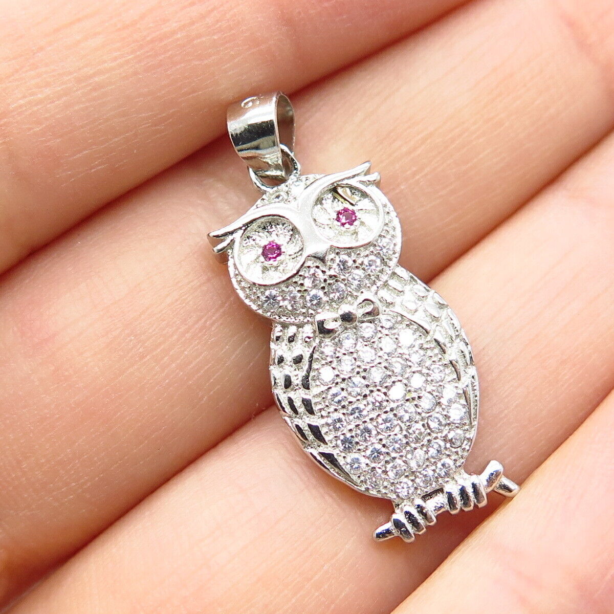 925 Sterling Silver White & Pink C Z Wise Owl Pendant