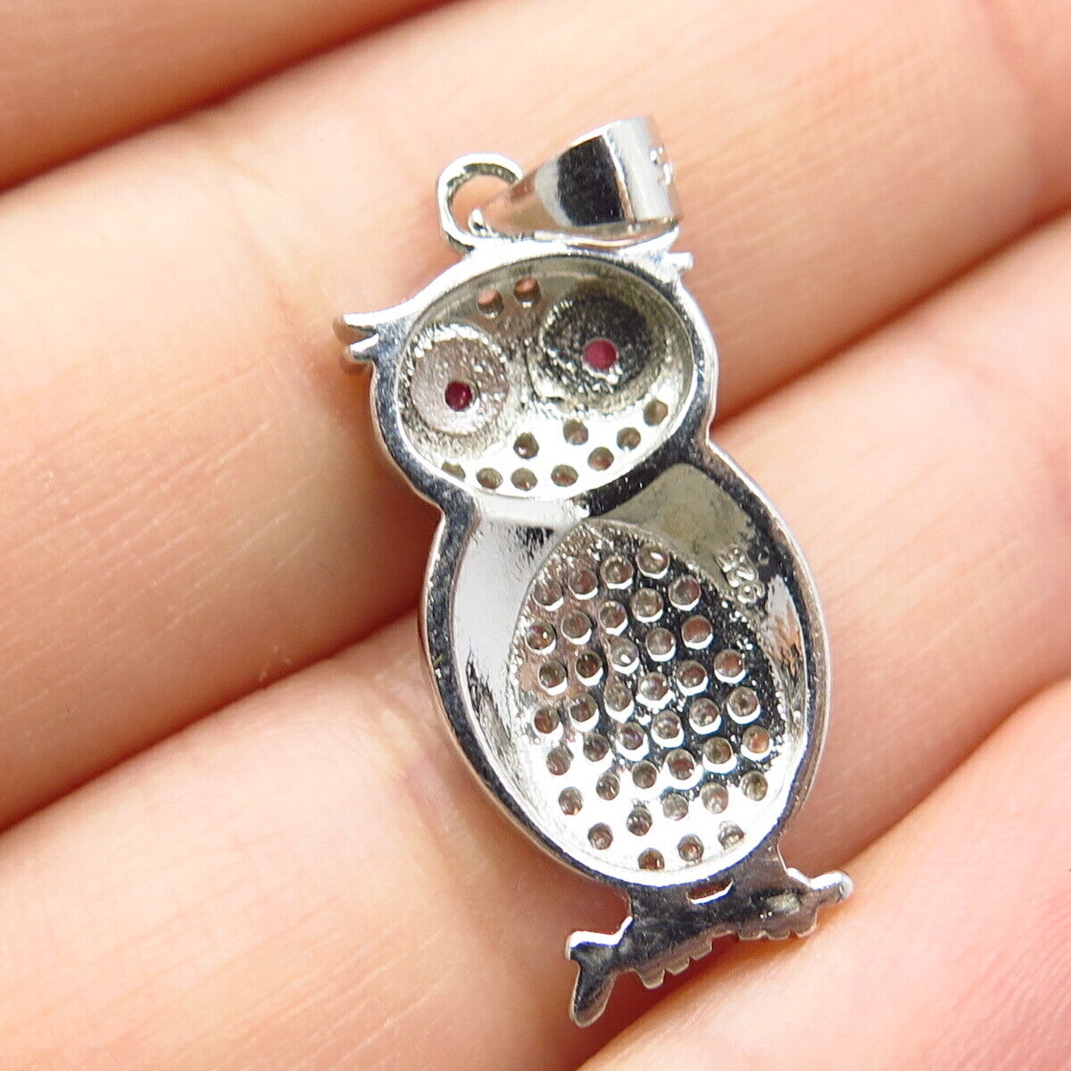 925 Sterling Silver White & Pink C Z Wise Owl Pendant