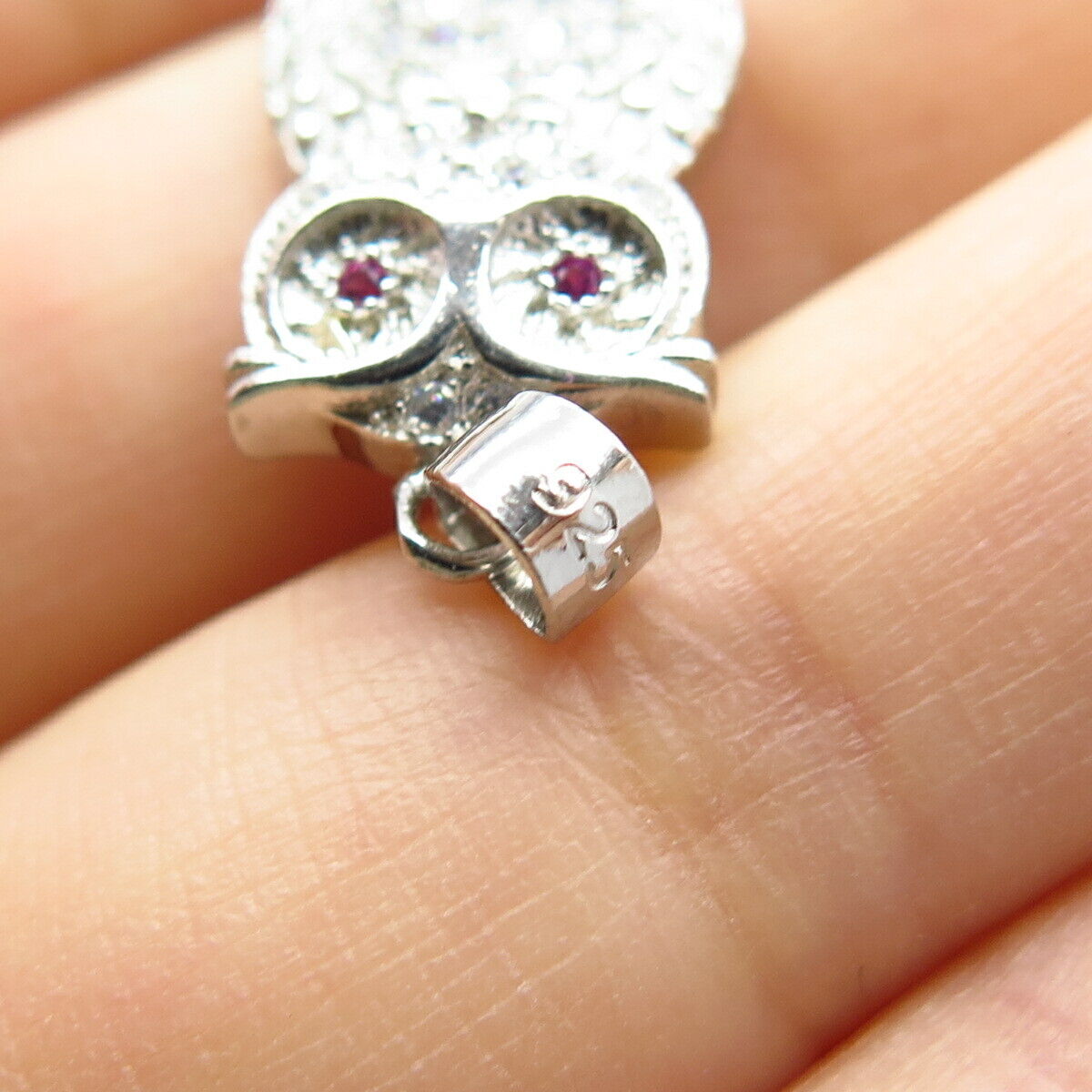 925 Sterling Silver White & Pink C Z Wise Owl Pendant