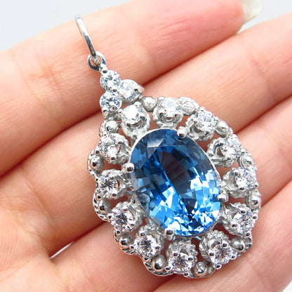 925 Sterling Silver Vintage Real Blue Topaz Gemstone & C Z Pendant