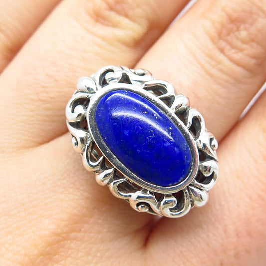 925 Sterling Silver Vintage Real Lapis Lazuli Gemstone Ornate Ring Size 7.5