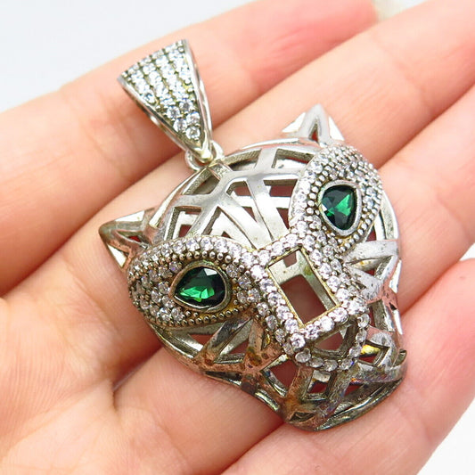 925 Sterling Silver Real Chrome Diopside Gemstone & C Z Tiger Mask Pendant