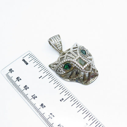 925 Sterling Silver Real Chrome Diopside Gemstone & C Z Tiger Mask Pendant