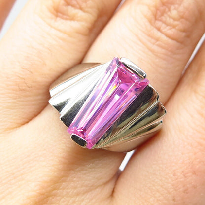 925 Sterling Silver Pink C Z Ribbed Ring Size 6.75