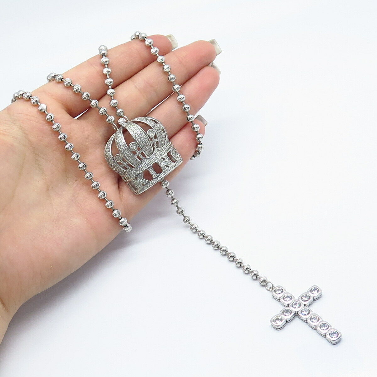 925 Sterling Silver Vintage C Z Crown & Cross Ball Chain Necklace 28"