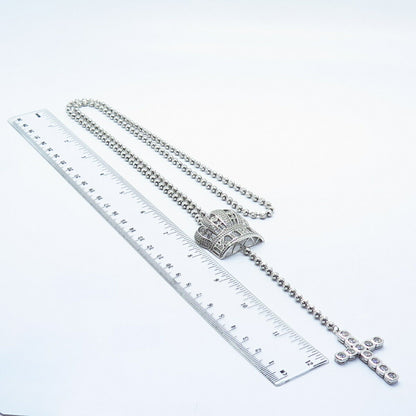 925 Sterling Silver Vintage C Z Crown & Cross Ball Chain Necklace 28"