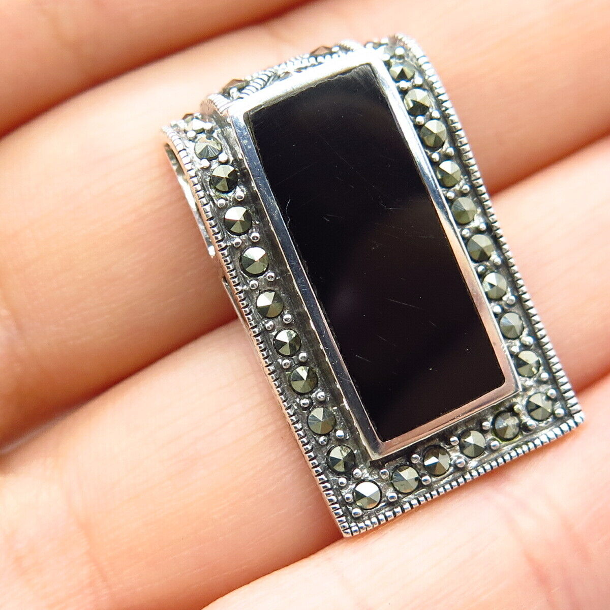 925 Sterling Silver Real Black Onyx & Marcasite Gem Art-Deco-Style Slide Pendant