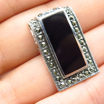 925 Sterling Silver Real Black Onyx & Marcasite Gem Art-Deco-Style Slide Pendant