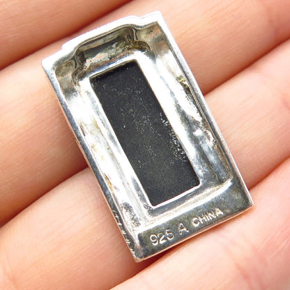 925 Sterling Silver Real Black Onyx & Marcasite Gem Art-Deco-Style Slide Pendant