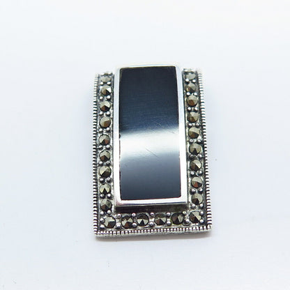 925 Sterling Silver Real Black Onyx & Marcasite Gem Art-Deco-Style Slide Pendant