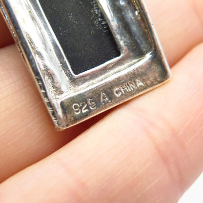 925 Sterling Silver Real Black Onyx & Marcasite Gem Art-Deco-Style Slide Pendant