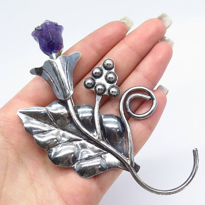 925 Sterling Silver Vintage Mexico Real Amethyst Gemstone Floral Leaf Pin Brooch