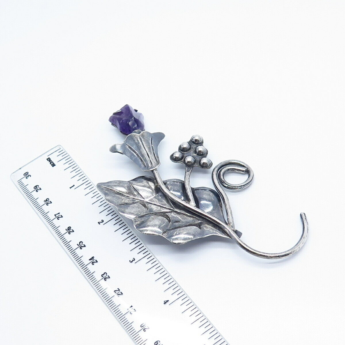 925 Sterling Silver Vintage Mexico Real Amethyst Gemstone Floral Leaf Pin Brooch