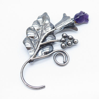 925 Sterling Silver Vintage Mexico Real Amethyst Gemstone Floral Leaf Pin Brooch