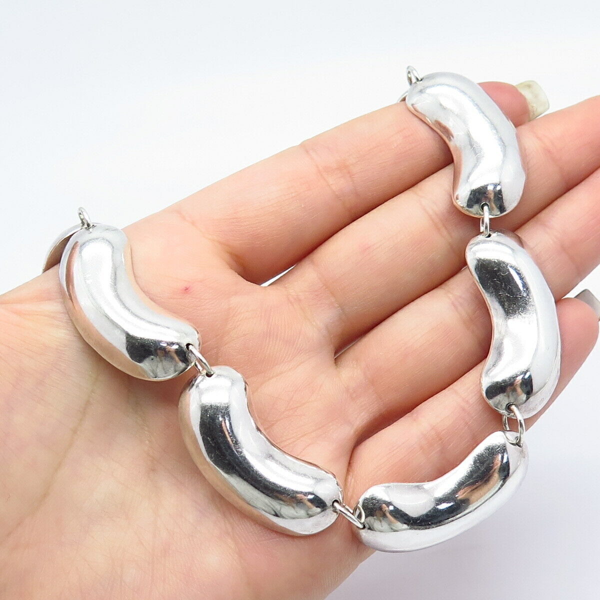 925 Sterling Silver Vintage Mexico Bean Modernist Chain Necklace 16"