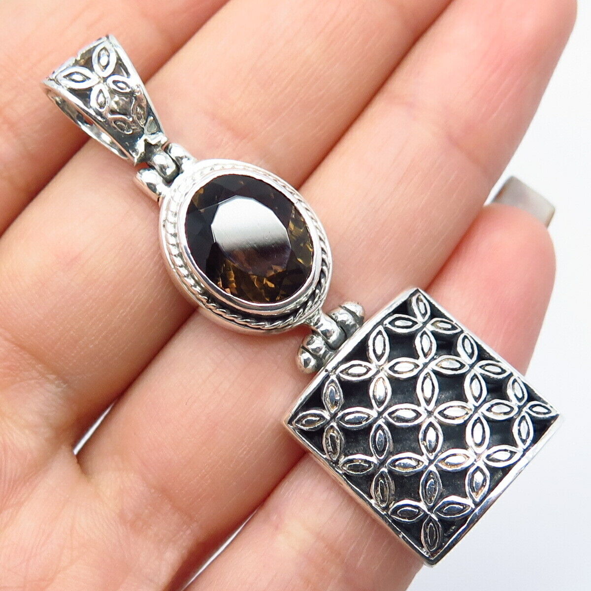 925 Sterling Silver Vintage Real Smoky Quartz Ornate Pendant