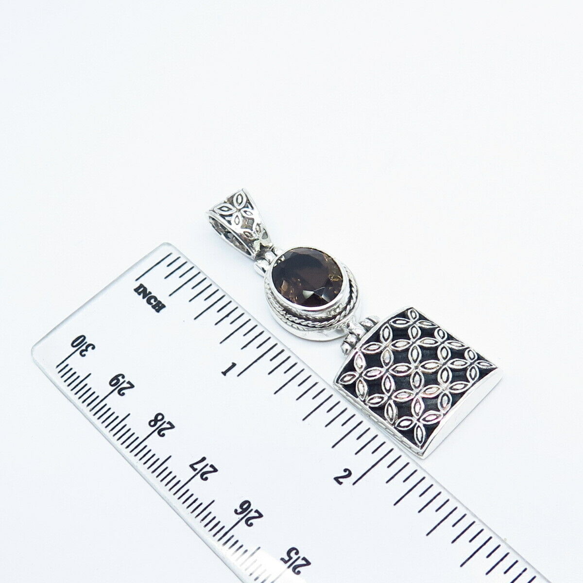 925 Sterling Silver Vintage Real Smoky Quartz Ornate Pendant