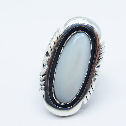 925 Sterling Silver Vintage Mother-of-Pearl Statement Adjustable Ring Size 6