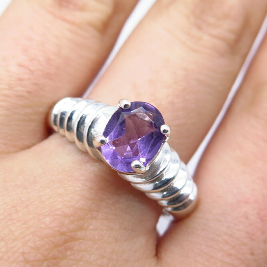 925 Sterling Silver Vintage Real Amethyst Gemstone Ribbed Ring Size 11