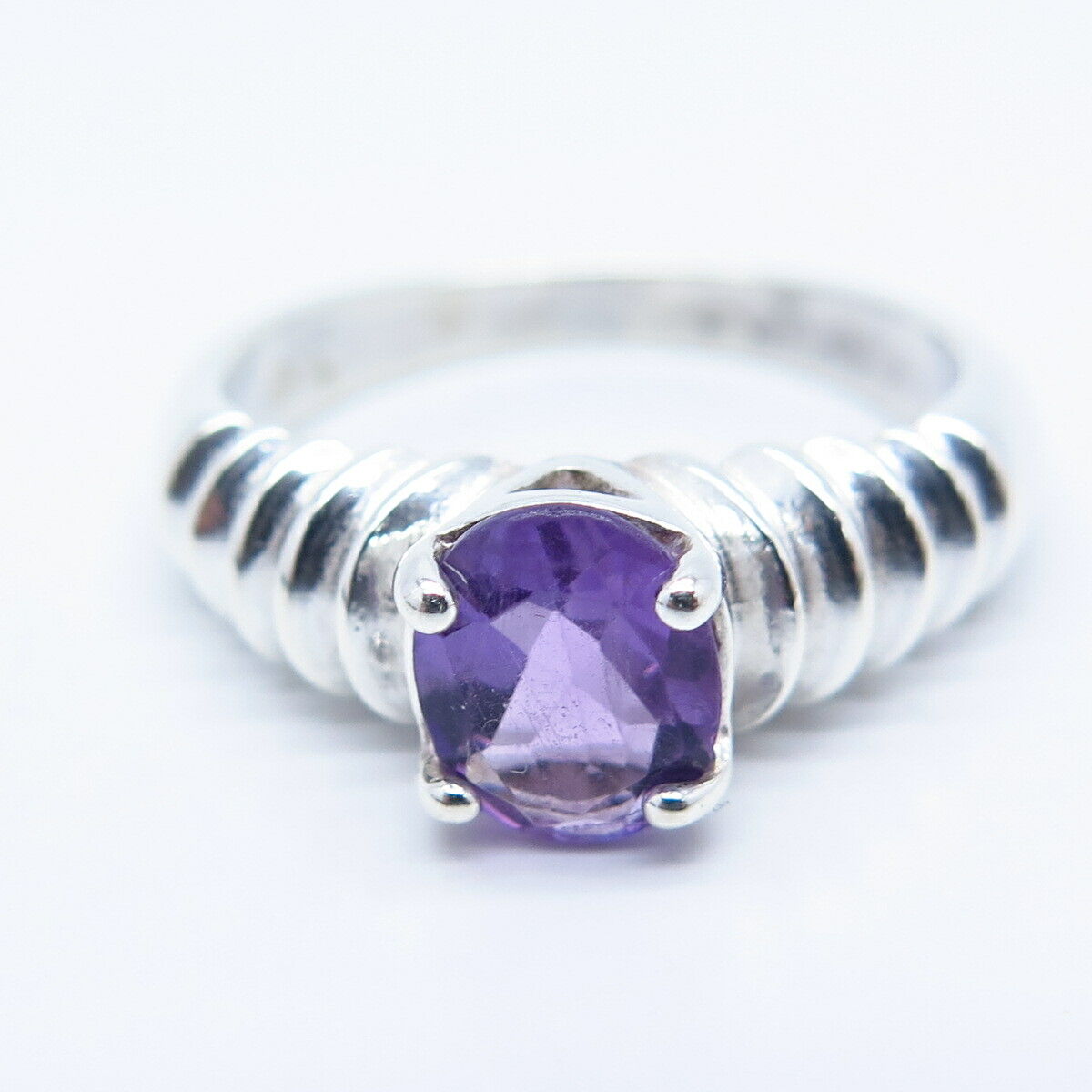 925 Sterling Silver Vintage Real Amethyst Gemstone Ribbed Ring Size 11