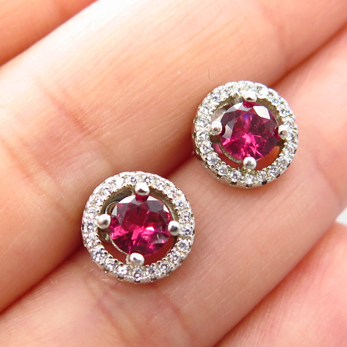 925 Sterling Silver Pink C Z Round Stud Earrings