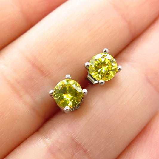 925 Sterling Silver Citrine-Tone C Z Round Stud Earrings