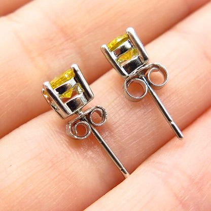 925 Sterling Silver Citrine-Tone C Z Round Stud Earrings
