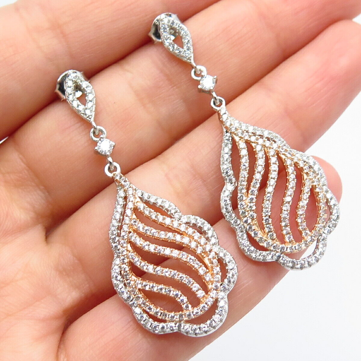 925 Sterling Silver 2-Tone C Z Ornate Dangling Earrings