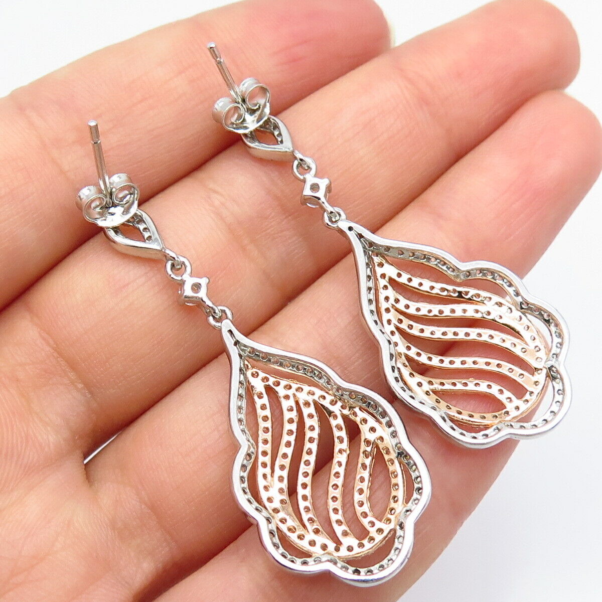 925 Sterling Silver 2-Tone C Z Ornate Dangling Earrings