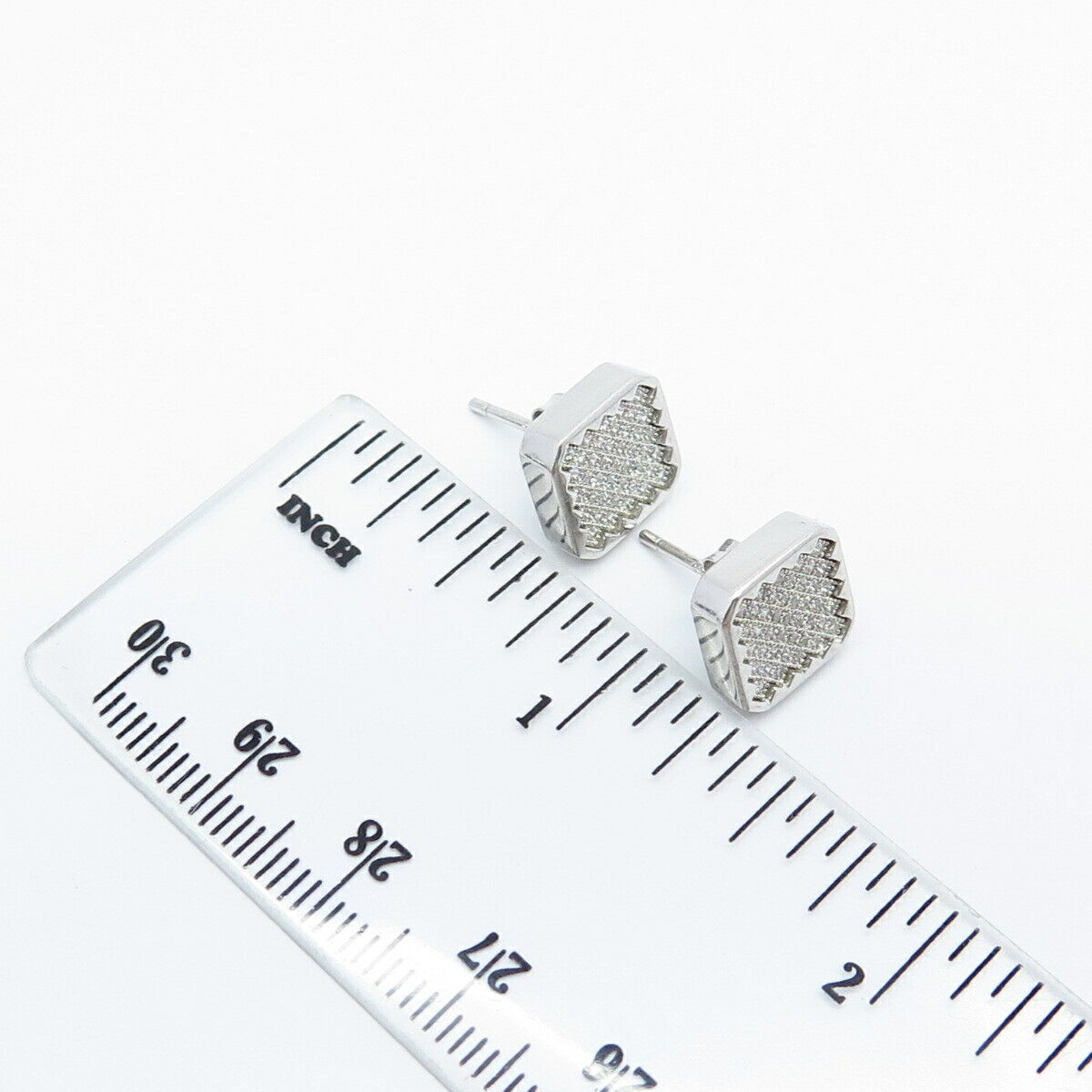 925 Sterling Silver Pave C Z Square Stud Earrings