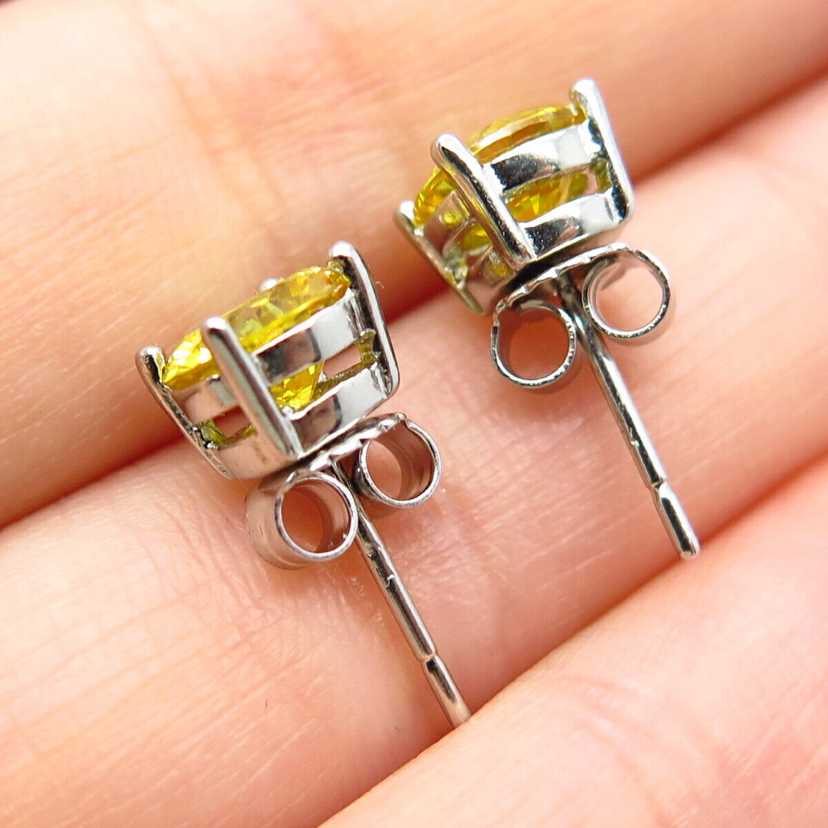 925 Sterling Silver Citrine-Tone C Z Round Stud Earrings