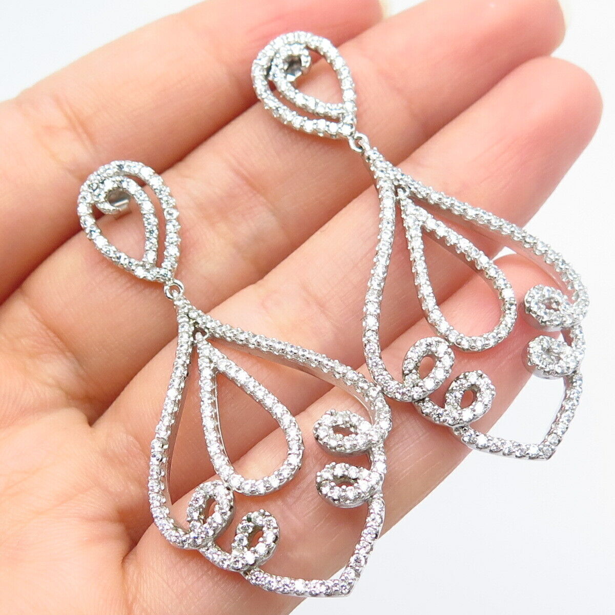 925 Sterling Silver C Z Ornate Teardrop Dangling Earrings