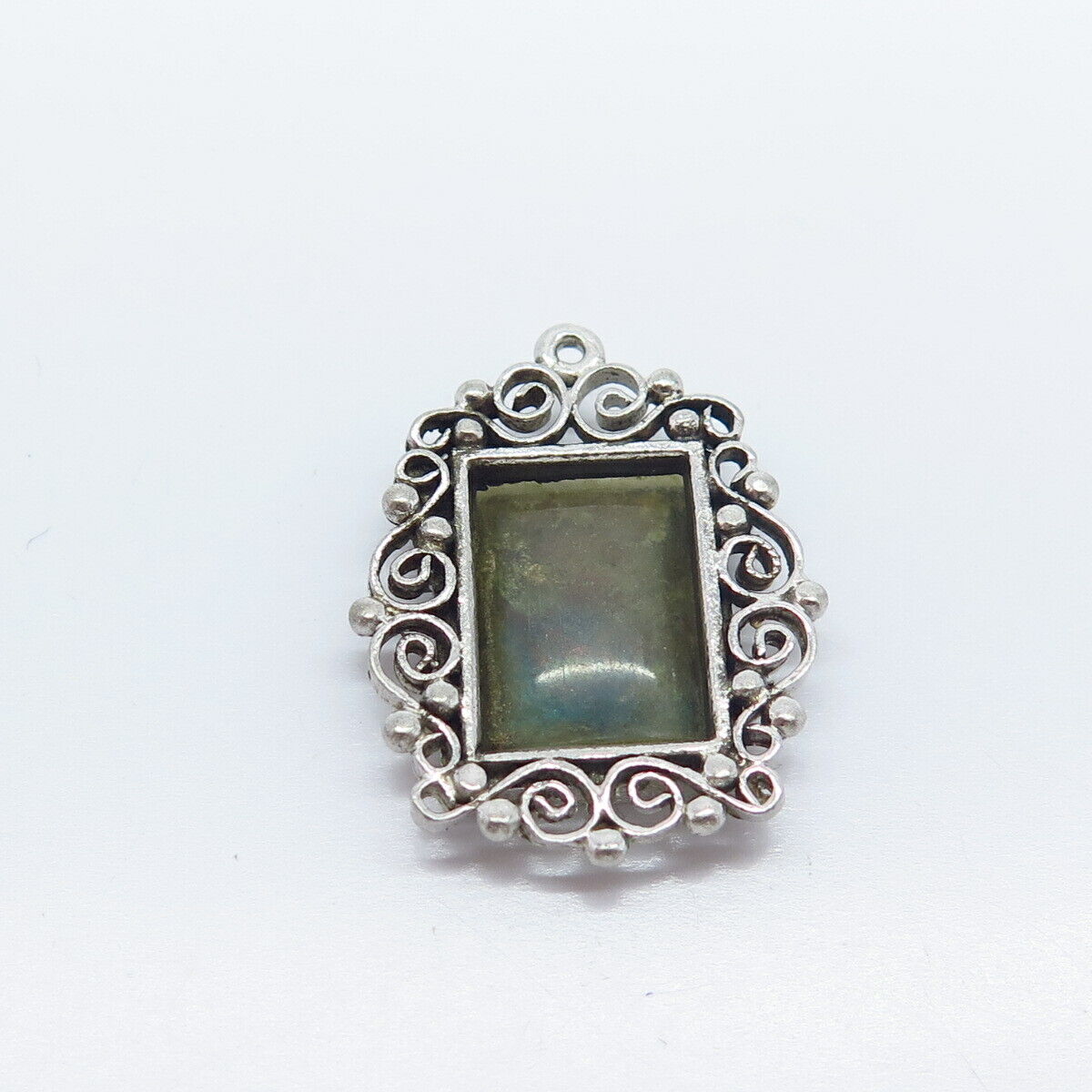 925 Sterling Silver Vintage Glass Ornate Pendant