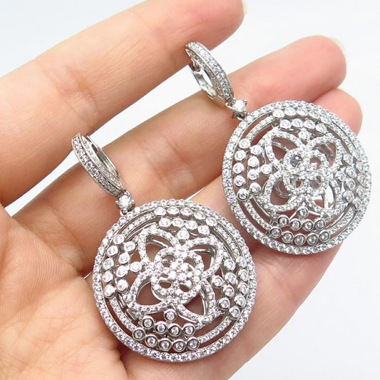 925 Sterling Silver Pave C Z Ornate Dangling Earrings