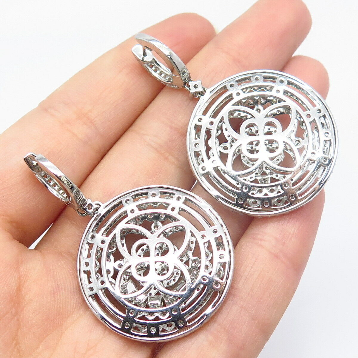 925 Sterling Silver Pave C Z Ornate Dangling Earrings