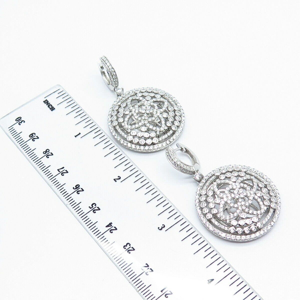 925 Sterling Silver Pave C Z Ornate Dangling Earrings