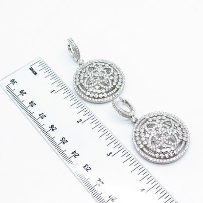 925 Sterling Silver Pave C Z Ornate Dangling Earrings
