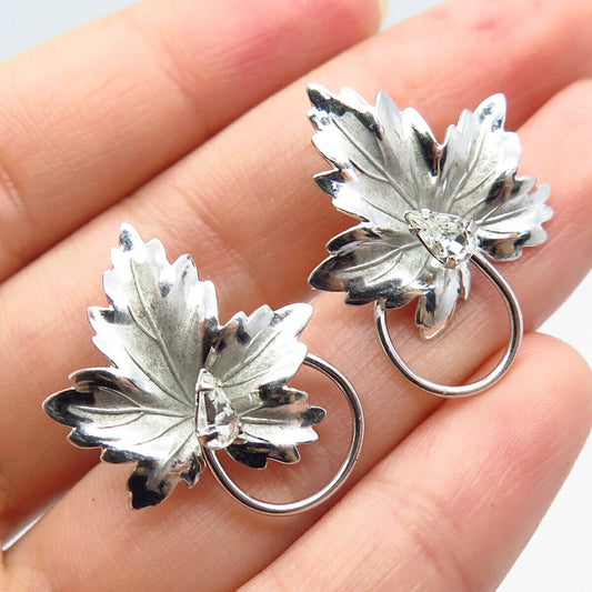 925 Sterling Silver Vintage Carl Art C Z Leaf Screw Back Earrings