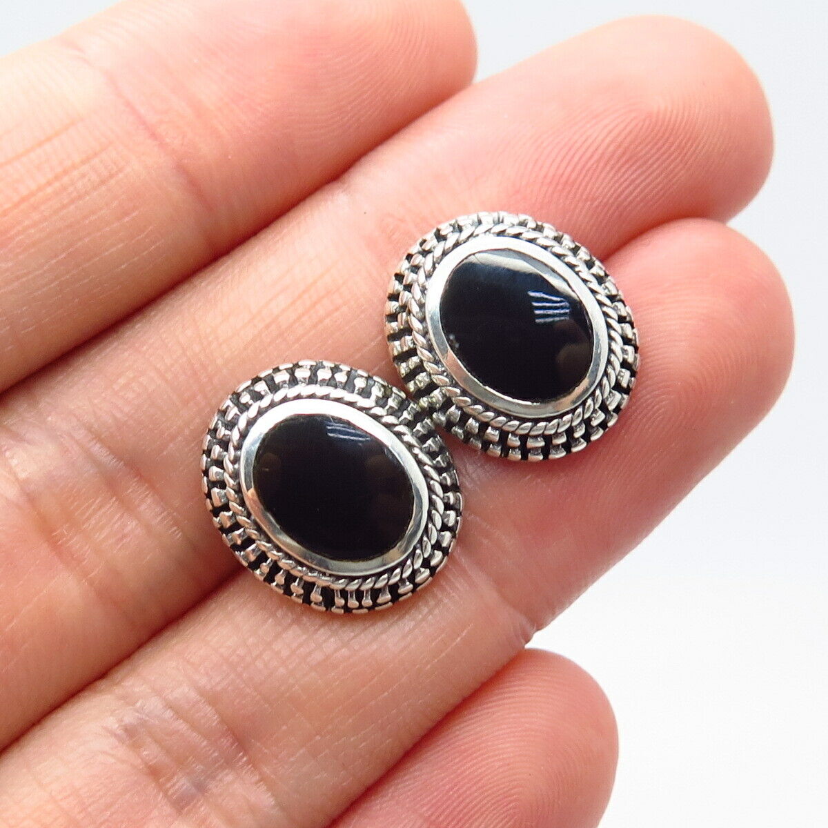 925 Sterling Silver Vintage Real Black Onyx Gemstone Ethnic Stud Earrings