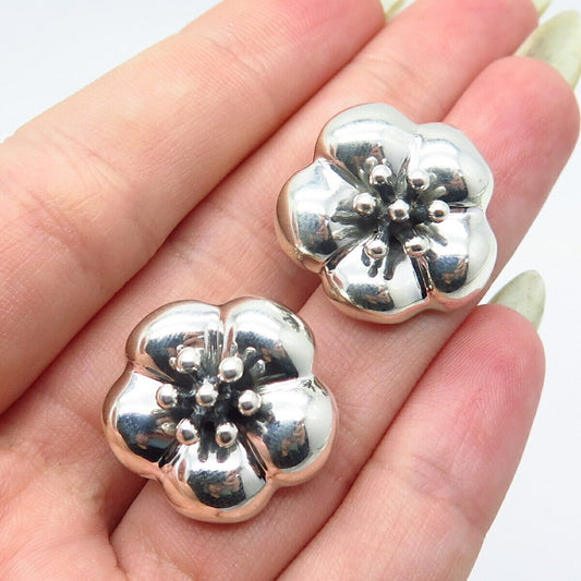 925 Sterling Silver Vintage Mexico Floral Clip On Earrings