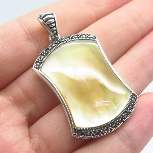 925 Sterling Silver Vintage Real Mother-of-Pearl & Marcasite Gemstone Pendant