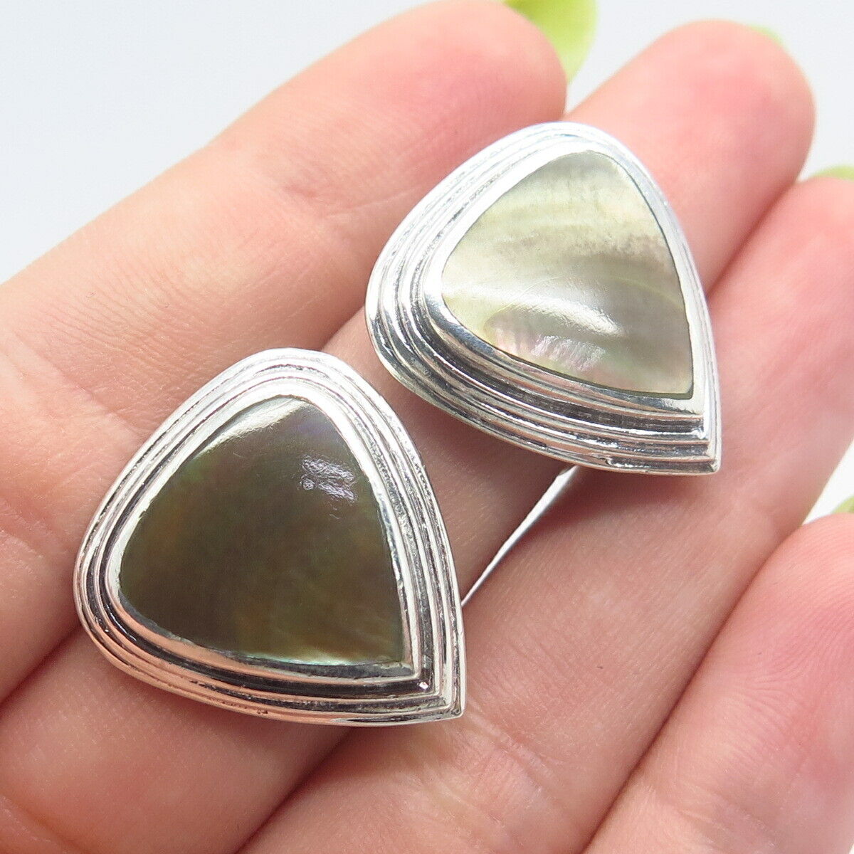 925 Sterling Silver Vintage Real Abalone Shell Clip On Earrings