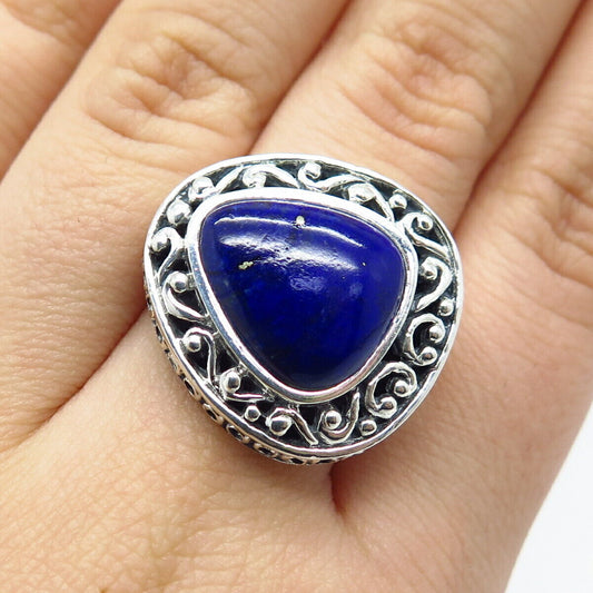 925 Sterling Silver Real Lapis Lazuli Gemstone Ornate Ring Size 6.75