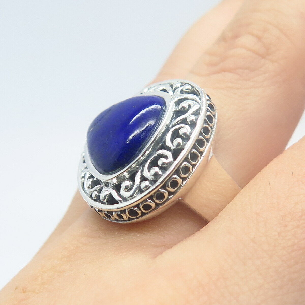 925 Sterling Silver Real Lapis Lazuli Gemstone Ornate Ring Size 6.75