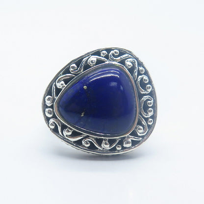 925 Sterling Silver Real Lapis Lazuli Gemstone Ornate Ring Size 6.75