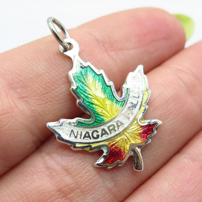 925 Sterling Silver Vintage BMCo Enamel "Niagara Falls" Maple Leaf Pendant